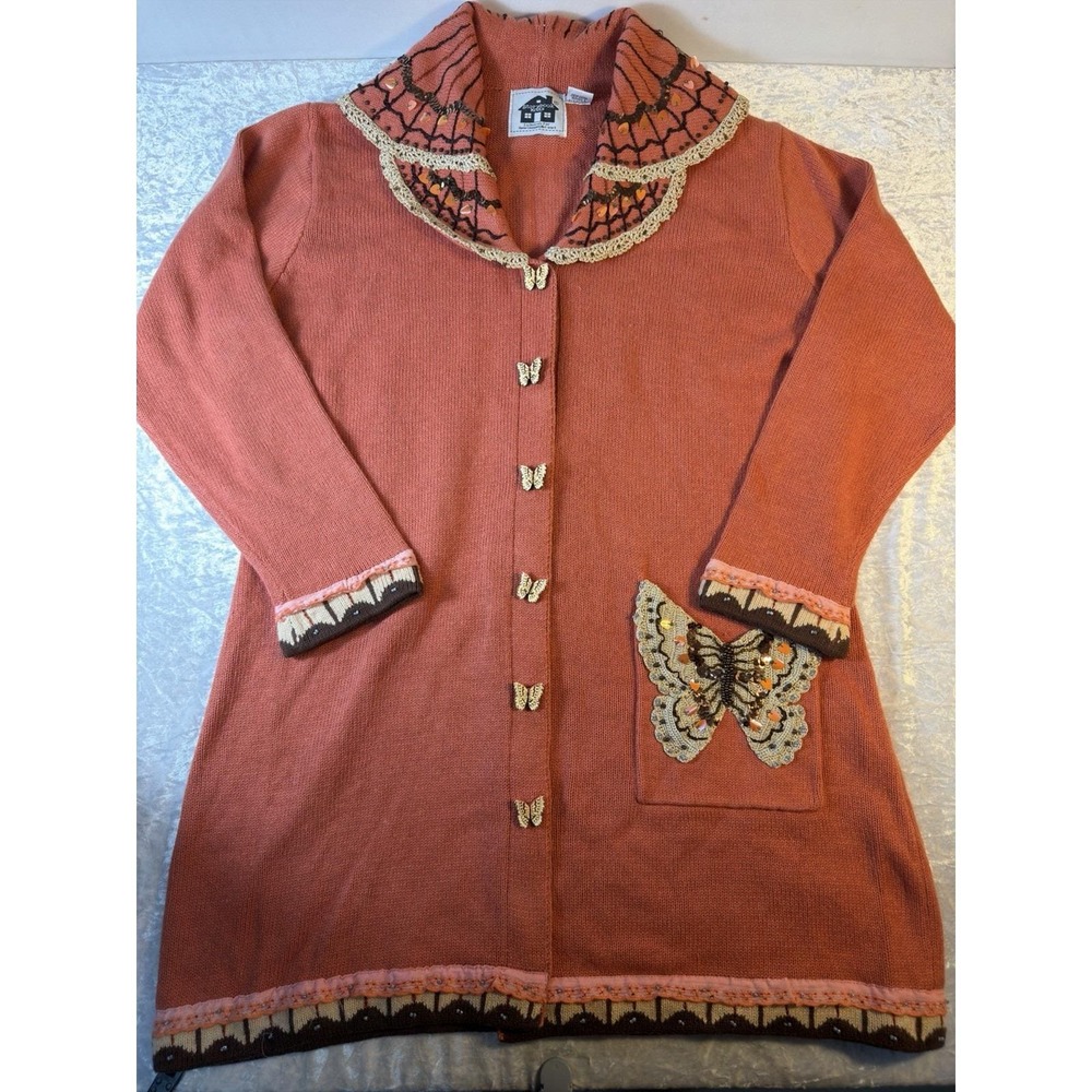 Vintage Storybook Knits Cardigan Womens L Butterfly Beaded Long Duster 90s